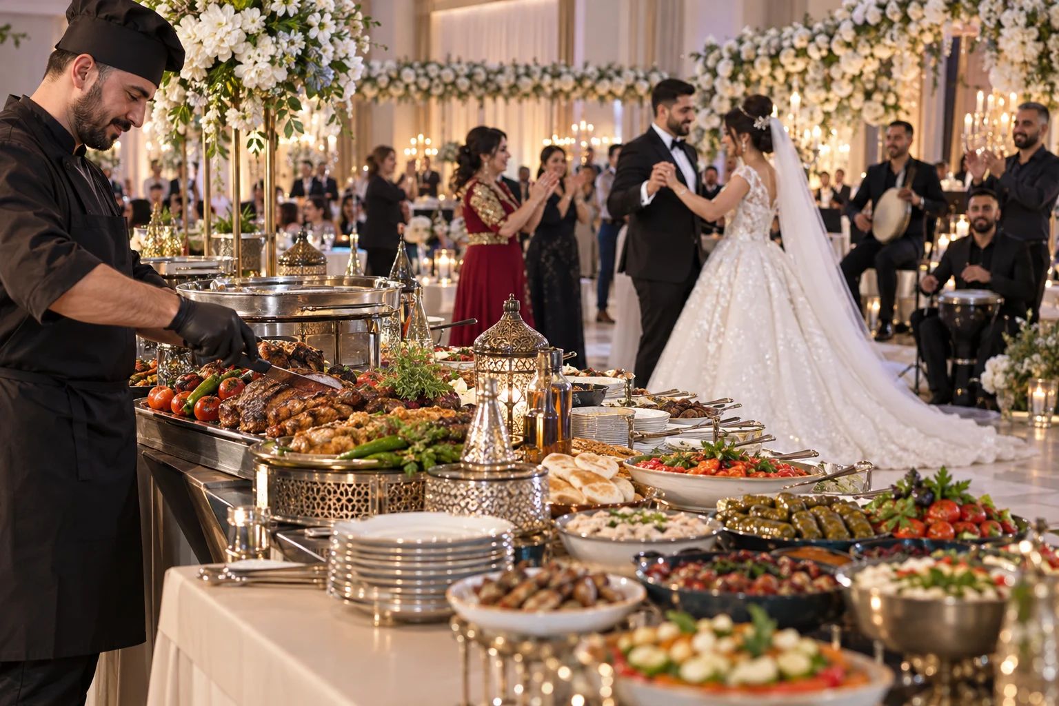 Türkische Hochzeit: Festliches Catering in Deutschland Festliches Buffet mit Meze, Grillgerichten und Baklava für eine türkische Hochzeit in Deutschland