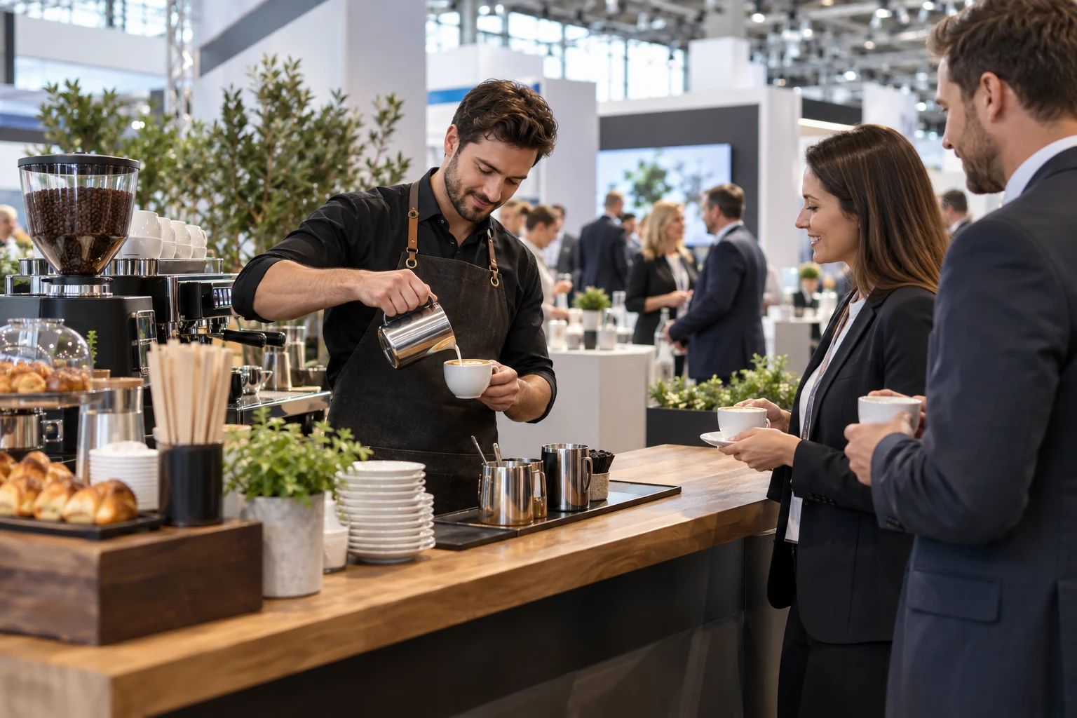 Barista-Service für Messen und Business-Events in der DACH-Region Barista bereitet Cappuccino an einer Kaffeebar auf einem modernen Messestand in Deutschland zu