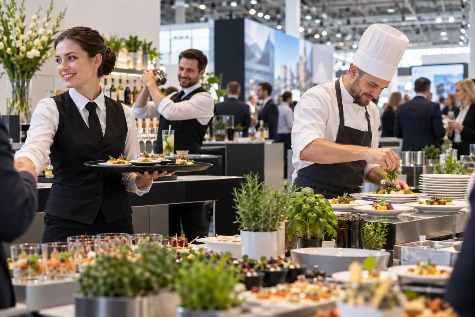 Service- und Barpersonal sowie Köche für Messen in Köln Service- & Barpersonal und Köche am Messestand in Köln beim Anrichten von Speisen und Servieren von Getränken