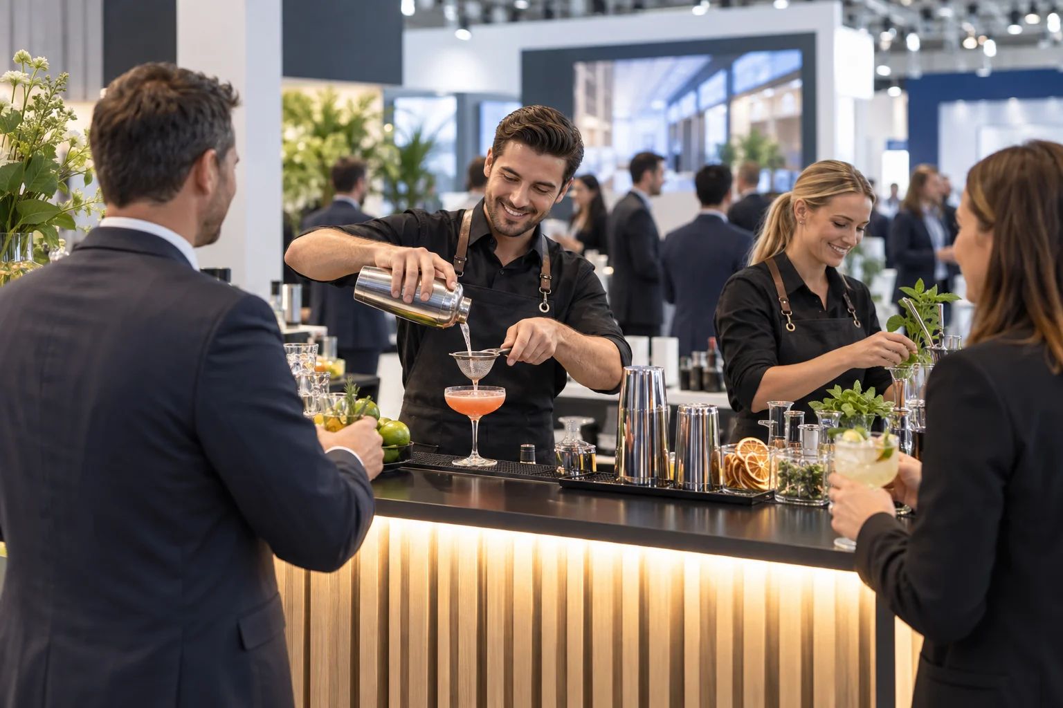 Barkeeper und Bartpersonal für Messen im DACH-Raum Barkeeper mixt Cocktails an einer Messestand-Bar in Deutschland, Gläser und Zutaten stehen auf dem Tresen.