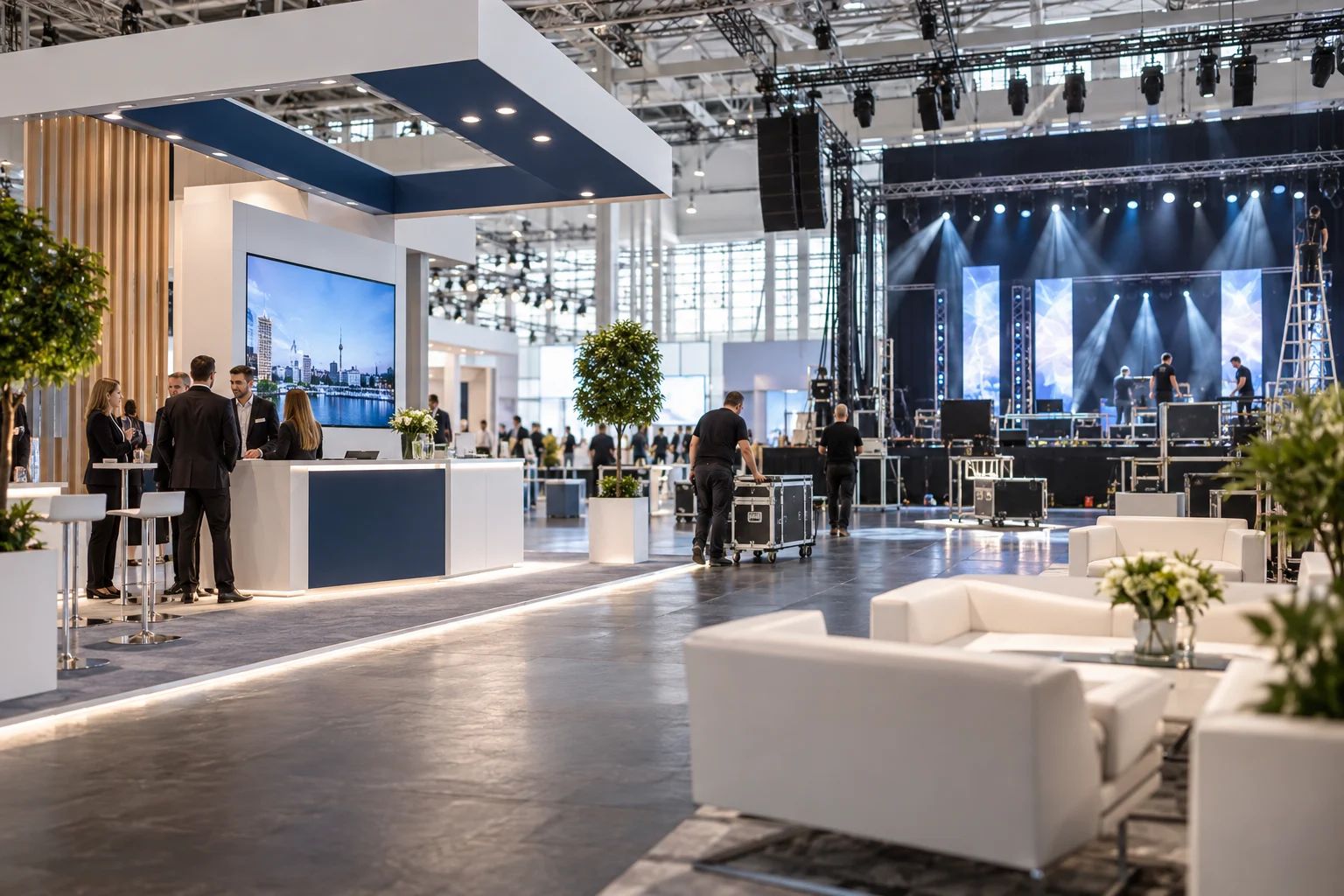 Messe-, Gala- und Bühnenbau für die DACH-Region Messe-, Gala- und Bühnenbau in Deutschland: Messestand mit Präsentationsbühne, Sitzgruppen und Cateringtheke