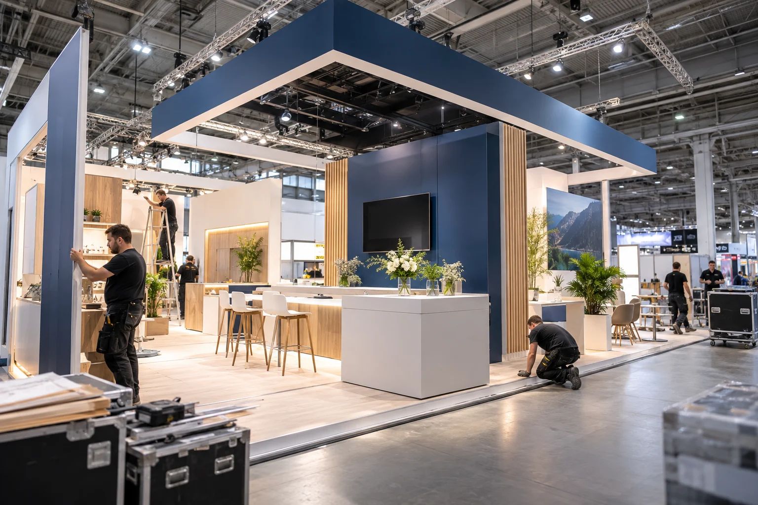 Messebau für Markenpräsentation und Gastlichkeit Messebau in Deutschland: moderner Messestand mit beleuchteten Präsentationsflächen, Gesprächstischen und Cateringtheke