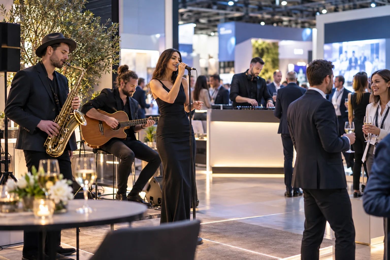 Künstler und DJs für Messe- und Business-Events in DACH Künstler / DJs für Messen in Deutschland: DJ am Mischpult neben einem beleuchteten Messestand