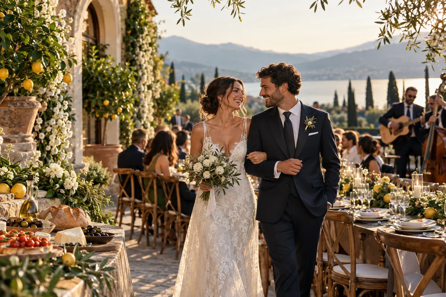 Italienische Hochzeit – festliche Eleganz mit mediterranem Flair Italienische Hochzeit in Europa: Festtafel mit Olivenzweigen, goldenen Kerzenhaltern und blauen Servietten