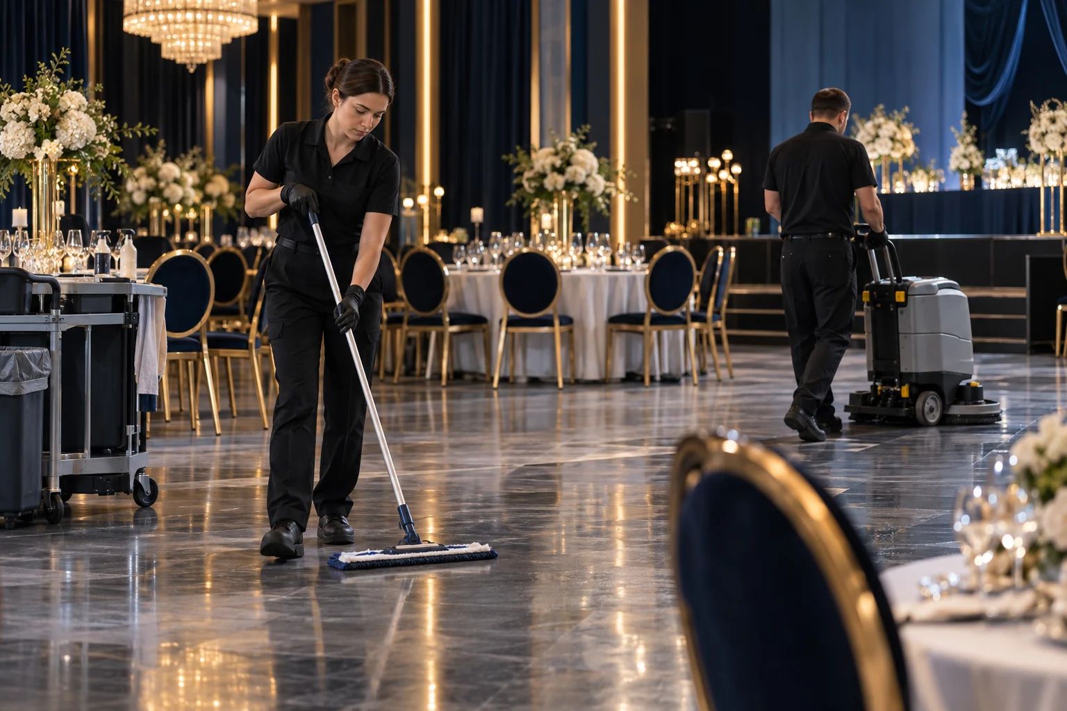Objektservice und Reinigungsservice für gepflegte Eventlocations Objektservice / Reinigungsservice in ganz Europa: Reinigungskraft wischt den Boden eines festlichen Saals.