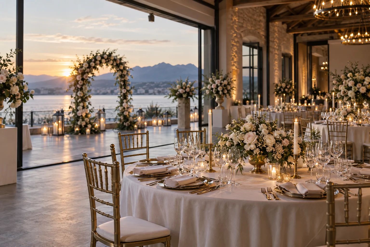 Hochzeitslocations – ein eleganter Rahmen für euren großen Tag Hochzeitslocation in ganz Europa: festlich gedeckter Saal mit dunkelblauen Servietten und goldenen Kerzenhaltern