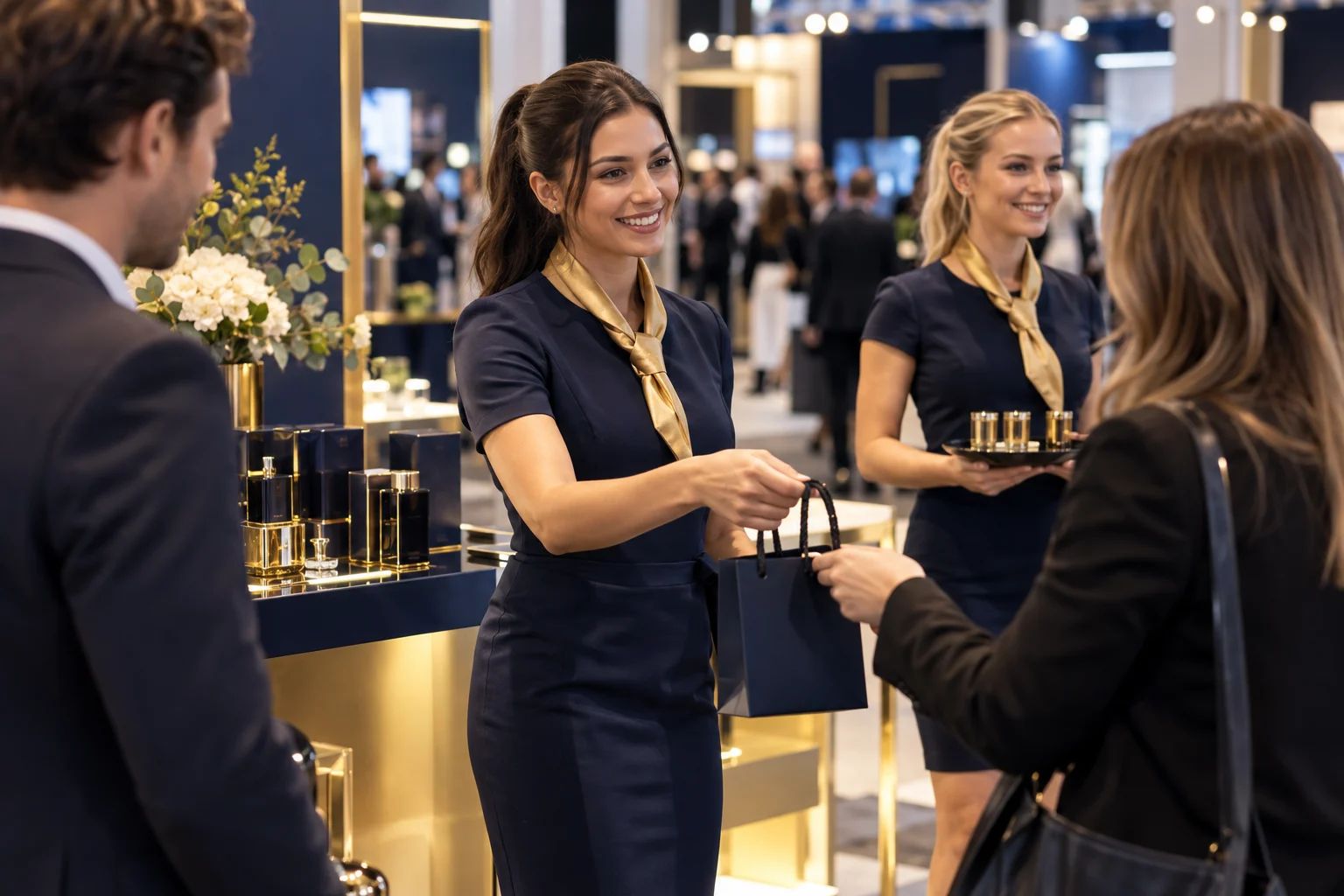 Promotion für einen stilvollen Markenauftritt Promotion in ganz Europa: Team an einem dunkelblauen Aktionsstand mit goldenen Details und Produktmustern