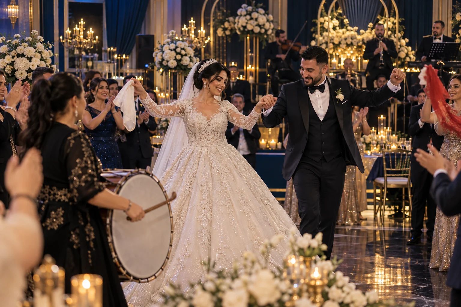 Türkische Hochzeit – festliche Inspiration im deutschsprachigen Raum Festlich gedeckte Tafel mit goldenen Kerzenhaltern und dunkelblauen Servietten für eine türkische Hochzeit in Wien
