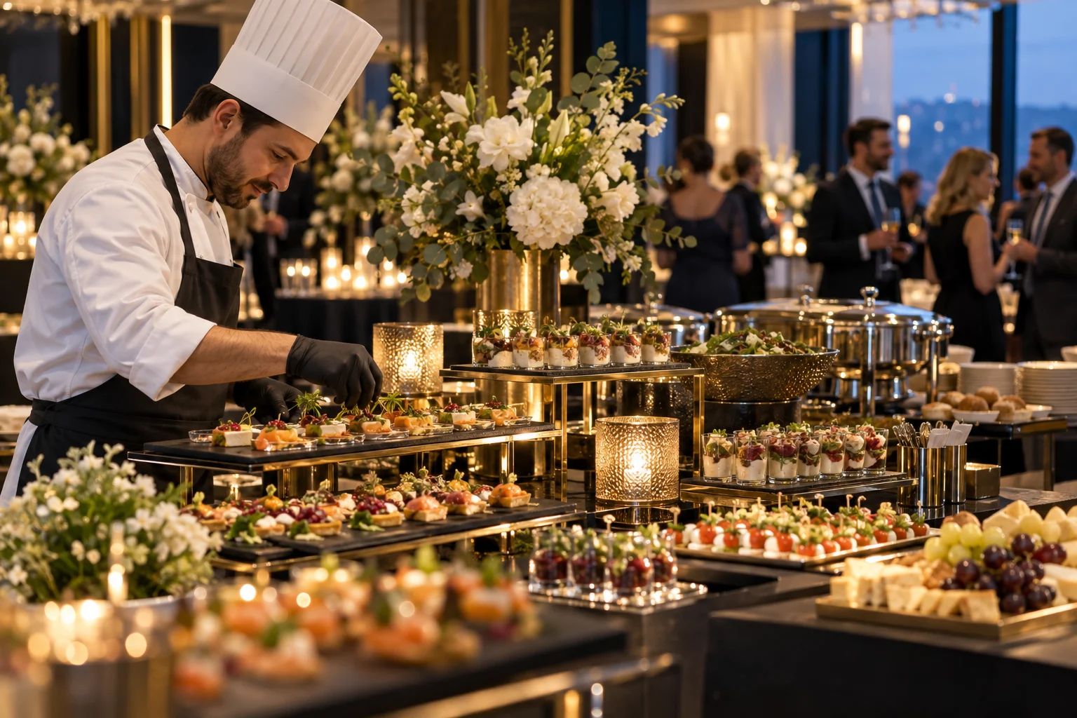 Catering für besondere Events in ganz Europa Catering in ganz Europa: festlich gedecktes Buffet mit Fingerfood auf dunkelblauer Tischwäsche