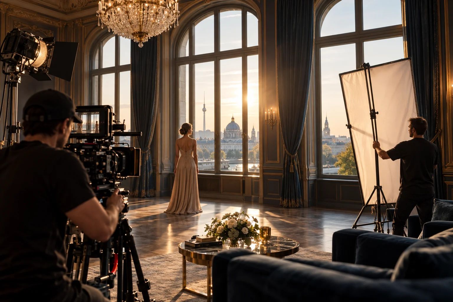 Filmlocations für besondere Kulissen und kreative Projekte Filmlocations im deutschsprachigen Raum: Kamera und Scheinwerfer vor einer eleganten Saalkulisse