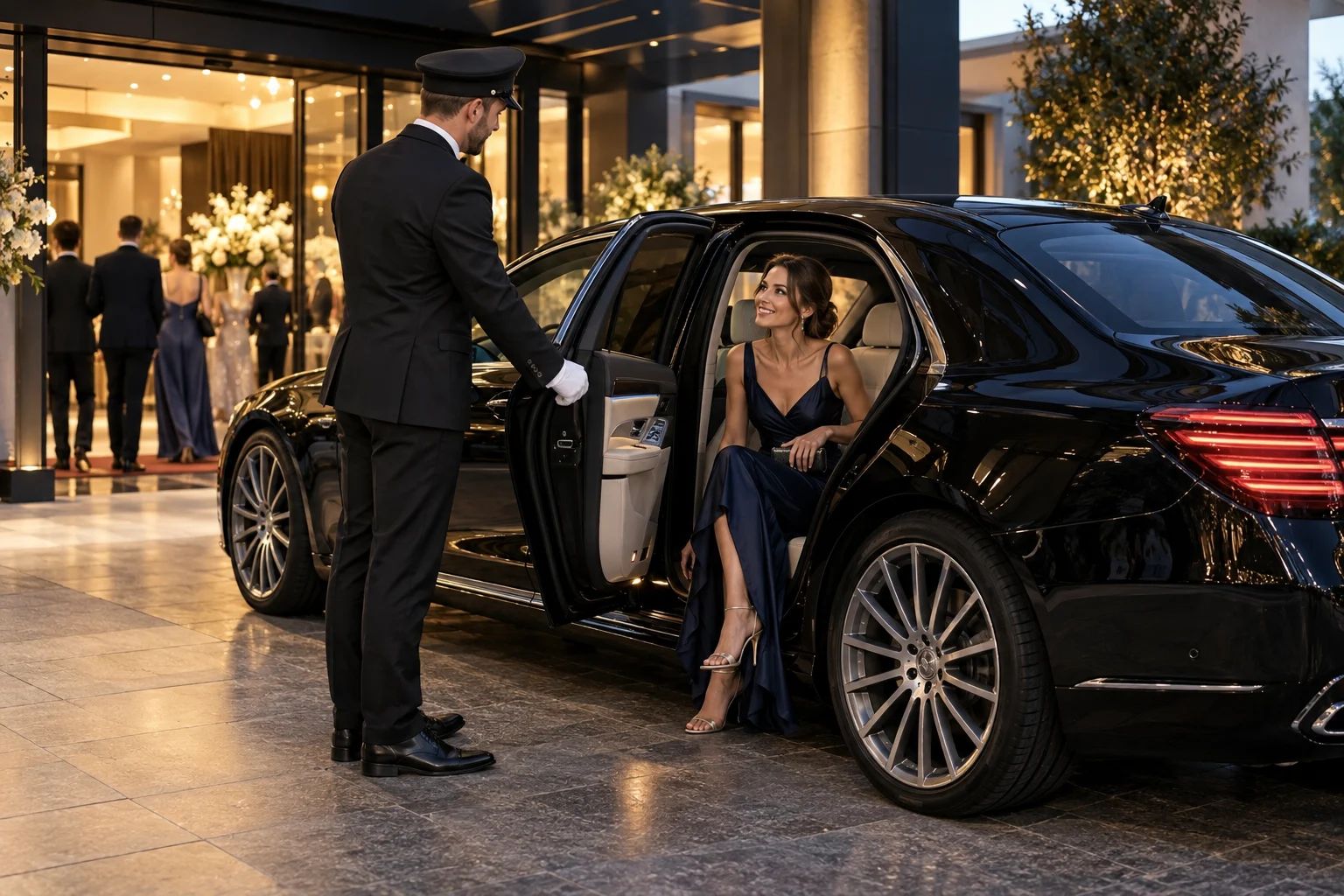 Chauffeur und Fahrservice für besondere Anlässe Chauffeur / Fahrservice in Berlin: Chauffeur hält die Hintertür einer dunklen Limousine für einen Gast offen
