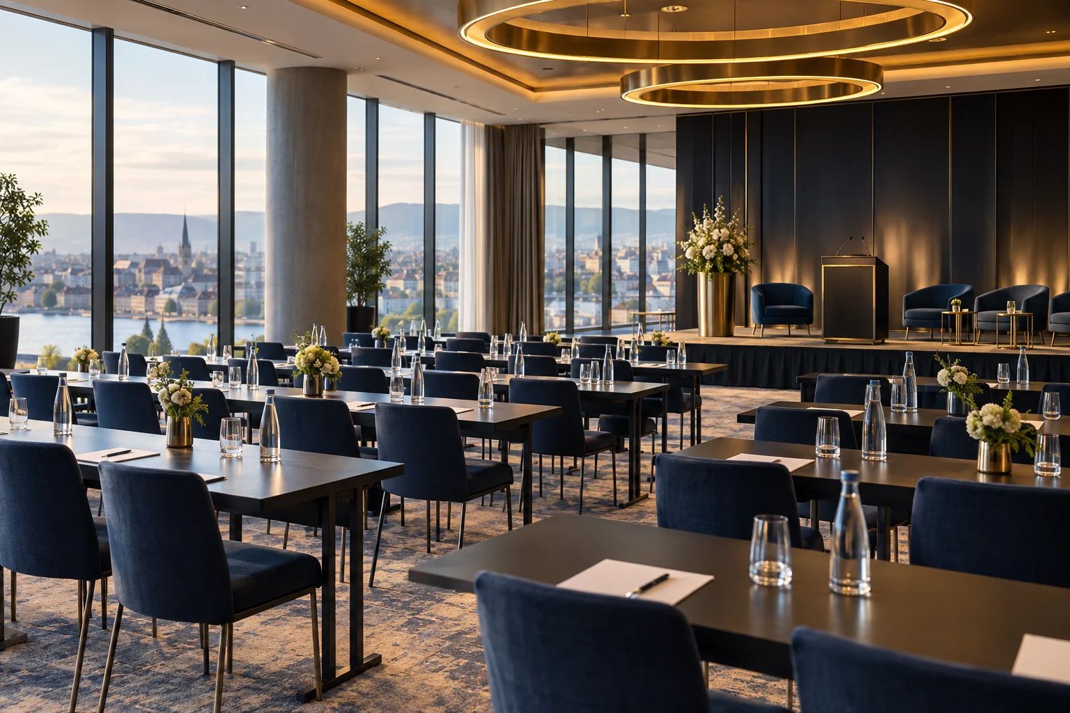 Tagungsstätten und Tagungshotels für dein Business-Event Tagungsstätten / Tagungshotels in ganz Europa: Konferenzsaal mit Leinwand und bestuhlten Tischreihen