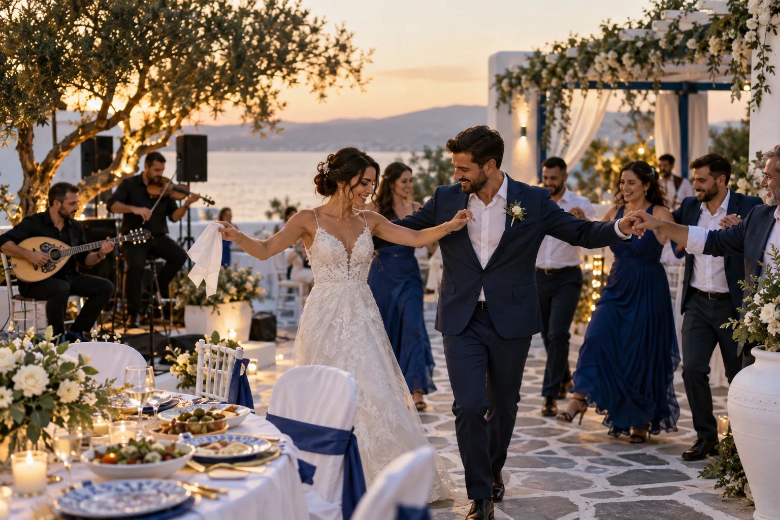 Griechische Hochzeit – festliche Tafel mit Olivenzweigen Griechische Hochzeit in Europa: festliche Tafel mit weißen Blumen, Olivenzweigen und Goldakzenten