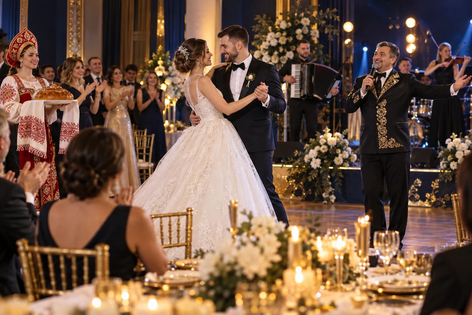 Russische Hochzeit – festliche Tischdekoration in Dunkelblau und Gold Festlich gedeckte Tafel mit goldenen Kerzenhaltern und dunkelblauen Servietten für eine russische Hochzeit in Berlin