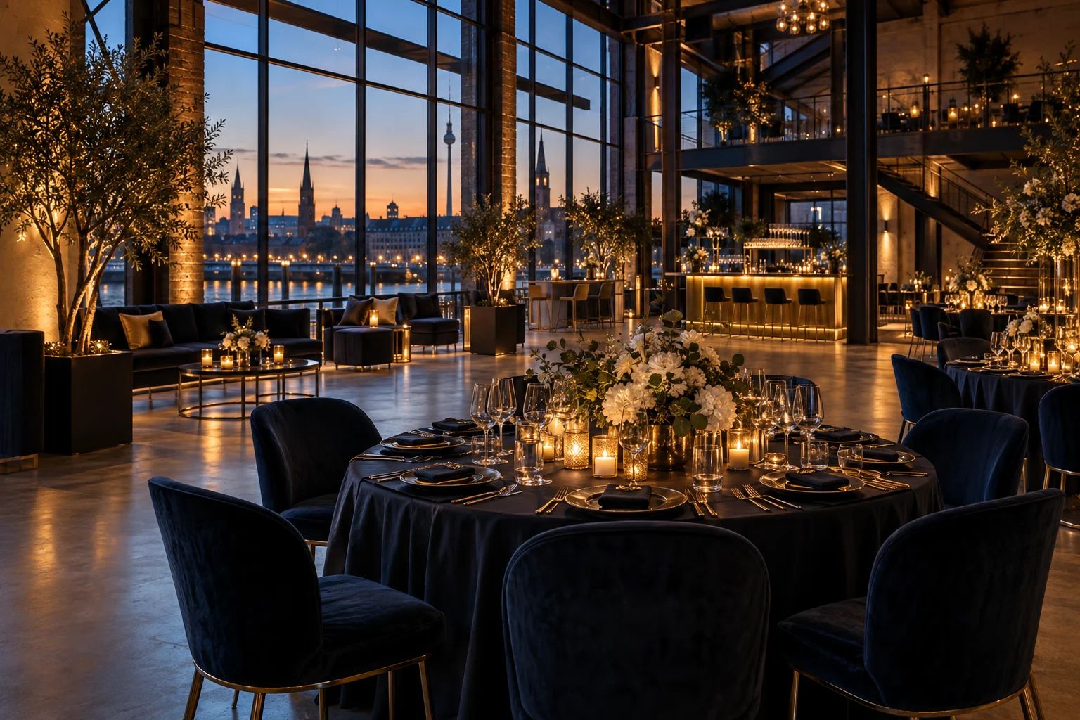 Eventlocations und Off-Locations mit besonderem Ambiente Eventlocations / Off Locations in ganz Europa: Industriehalle mit festlich gedeckten Tischen